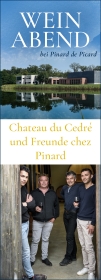 Produktfoto: Einladungsplakat für einen Weinabend bei Pinard de Picard mit vier Männern, die Wein trinken.