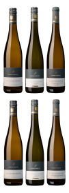 Produktfoto: Sechs Weinflaschen mit Etiketten von Schäfer-Fröhlich. Sorten: Nahe Riesling Trocken, Vulkangestein Riesling Trocken, Schiefergestein Bockenauer Riesling Trocken. Alle Flaschen haben einen Schraubverschluss mit einem goldenen Logo.