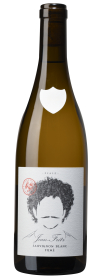 Produktfoto: Weinflasche mit Etikett 'Jean-Fritz Sauvignon Blanc Fumé', schwarzer Schriftzug, Abbildung eines Gesichts mit lockigem Haar und Schnurrbart, rotes Siegel.