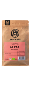 Produktfoto: Eine braune Verpackung mit einem Etikett von Black Hen Bio Espresso La Paz, 250g, ganze Bohne, aus Honduras.