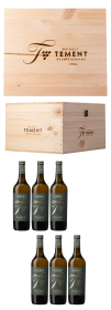 Produktfoto: Holzkiste mit Weingut-Logo und sechs Weinflaschen.