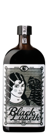 Produktfoto: Eine Flasche mit dem Etikett 'Black Lisbeth Kaffee Likör' und einem schwarz-weißen Design mit einer Frau und einem Vogel.
