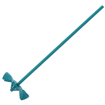 Ein blaues Rührwerkzeug mit einem langen Stab und einem Propeller am Ende, auf weißem Hintergrund.