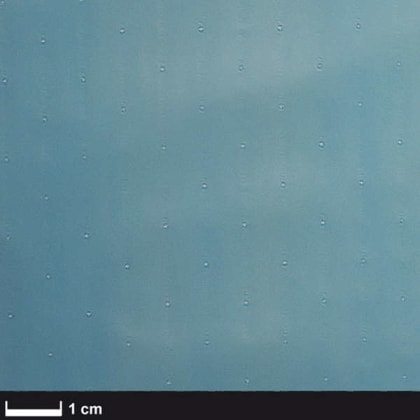 Ein hellblaues, strukturiertes Muster mit kleinen, gleichmäßig verteilten Erhebungen. Maßstab: 1 cm.