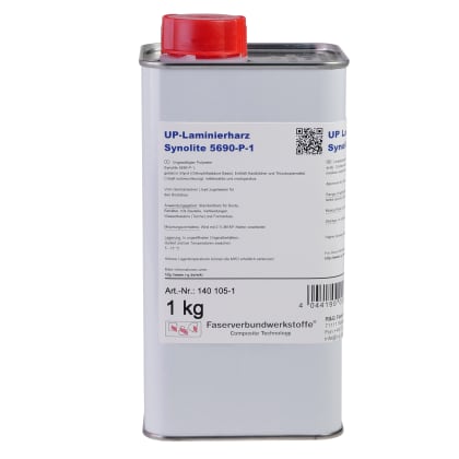 Eine Metallkanne mit rotem Verschluss, beschriftet mit “UP-Laminierharz Synolite 5690-P-1“. Enthält Produktinformationen und Barcode.