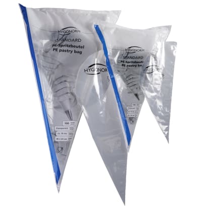 Das Bild zeigt drei transparente PE-Spritzbeutel-Packungen der Marke Hygonorm in verschiedenen Größen.