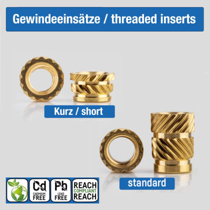 Das Bild zeigt zwei Arten von Gewindeeinsätzen: kurz und standard. Sie sind aus Metall und haben eine goldene Farbe. Unten sind Symbole für cadmiumfrei, bleifrei und REACH-konform zu sehen.