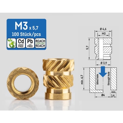 Threaded insert STANDARD (M3 x 5.7 mm) pack/ 100 pcs