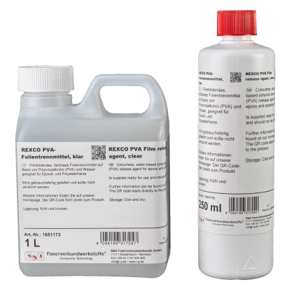 Zwei Flaschen mit REXCO PVA-Folientrennmittel, klar. Eine Flasche mit 1L, die andere mit 250ml. Enthält Produktinformationen auf Deutsch und Englisch.