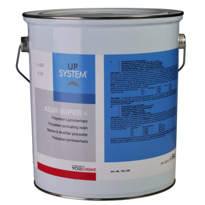 Ein großer Eimer mit der Aufschrift “AZUR SUPER +“ und “Polyester-Laminierharz“. Die Marke “Vosschemie“ ist sichtbar.