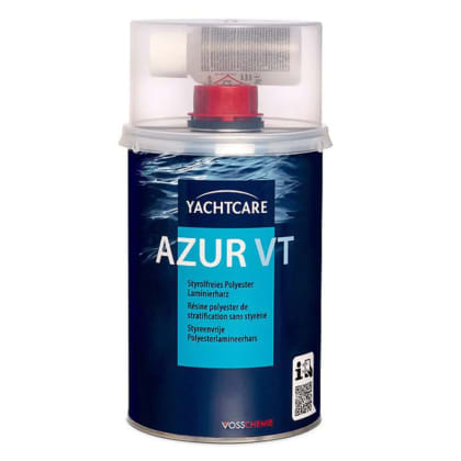 Eine Dose mit der Aufschrift 'Yachtcare AZUR VT', ein styrolfreies Polyester Laminierharz. Die Dose hat einen transparenten Deckel.