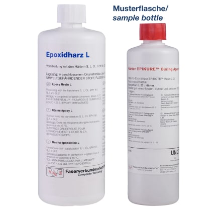 Zwei Flaschen mit Etiketten für Epoxidharz und Härter. Links weiße Flasche mit blauem Text, rechts weiße Flasche mit rotem Deckel.