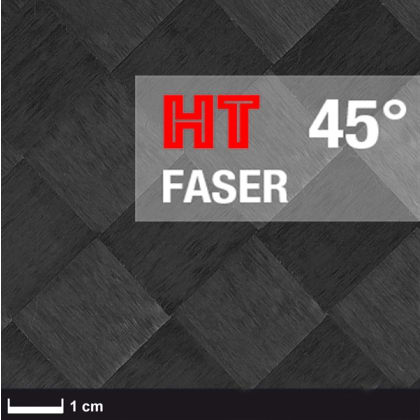 Das Bild zeigt ein dunkles, gewebtes Material mit einem Textfeld. Der Text enthält “HT“, “45°“ und “FASER“. Unten links ist eine Maßstabsleiste von 1 cm zu sehen.
