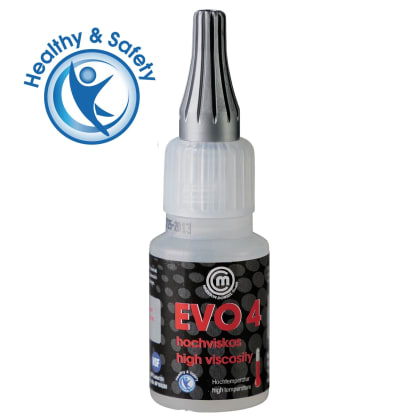 Zwei Flaschen Kleber mit der Aufschrift 'EVO 4', eine stehend, die andere liegend. Beide haben graue Kappen.