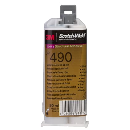 Eine 3M Scotch-Weld DP490 Epoxid-Klebstoffkartusche mit 50 ml Inhalt. Die Verpackung ist schwarz und gold und enthält einen Barcode.