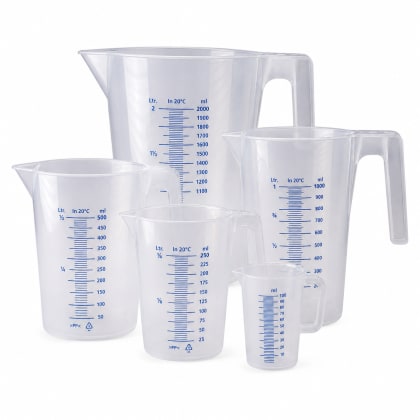 The image shows a set of transparent plastic measuring jugs with blue measurement markings. There are five different sizes, each with a handle and spout.