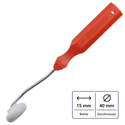 Ein Werkzeug mit einem roten Griff und einem weißen Rad am Ende eines gebogenen Metallstabs.