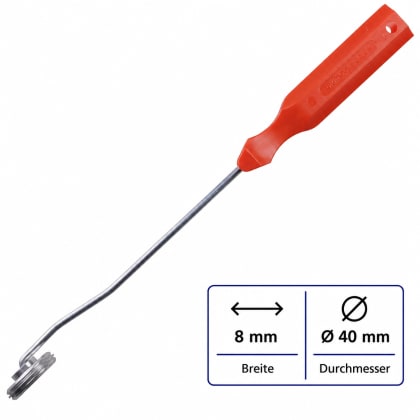 Ein Werkzeug mit einem roten Kunststoffgriff und einem langen Metallstab, der in einem kreisförmigen Kopf endet.