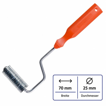 Kunststoffgriff-Werkzeug in orange mit Metallwalzen, die gerillt sind.