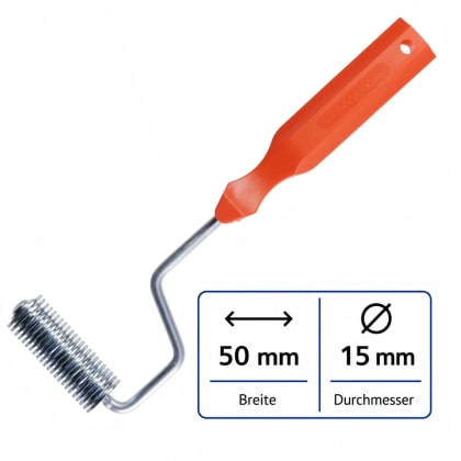 Kunststoffgriff-Werkzeug in orange mit Metallwalzen, die gerillt sind.
