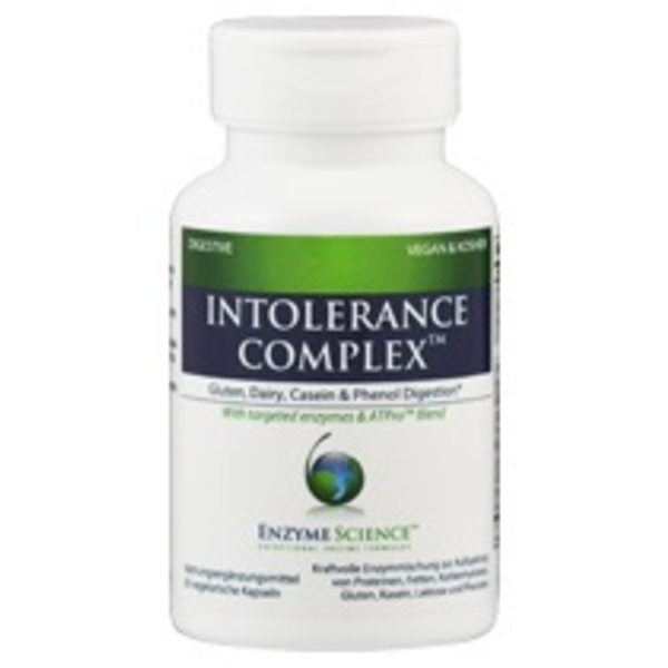 Produktfoto: Eine weiße Flasche mit dem Etikett “Intolerance Complex“ von Enzyme Science. Es ist ein Nahrungsergänzungsmittel für die Verdauung von Gluten, Milch, Casein und Phenolen.