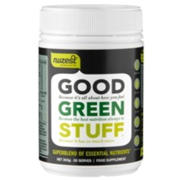 Produktfoto: Behälter mit der Aufschrift 'Good Green Stuff' von Nuzest, ein Nahrungsergänzungsmittel mit 300g Inhalt.