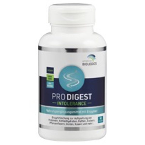 Produktfoto: Weiße Flasche mit Etikett 'PRO DIGEST INTOLERANCE', Nahrungsergänzungsmittel von American Biologics, vegan, non-GMO, 90 Kapseln.