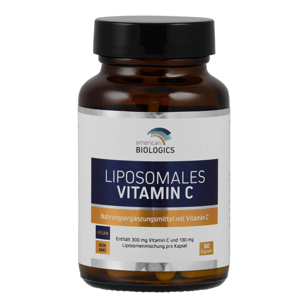 Produktfoto: Eine braune Glasflasche mit schwarzem Deckel, etikettiert mit 'American Biologics Liposomales Vitamin C'. Das Etikett zeigt, dass es sich um ein Nahrungsergänzungsmittel handelt, vegan und gentechnikfrei ist und 60 Kapseln enthält. Enthält 300 mg Vitamin C und 130 mg Liposomenmischung pro Kapsel.