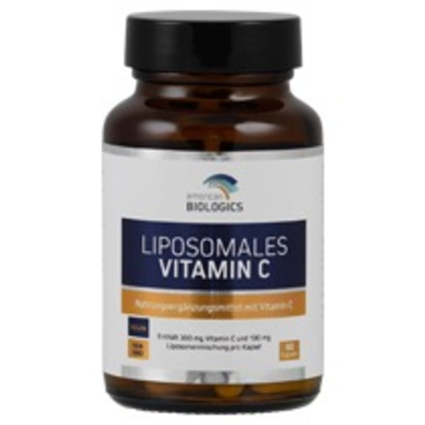 Produktfoto: Eine braune Glasflasche mit schwarzem Deckel, etikettiert mit 'American Biologics Liposomales Vitamin C'. Das Etikett zeigt, dass es sich um ein Nahrungsergänzungsmittel handelt, vegan und gentechnikfrei ist und 60 Kapseln enthält. Enthält 300 mg Vitamin C und 130 mg Liposomenmischung pro Kapsel.