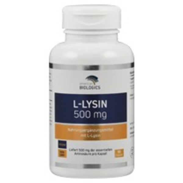 Produktfoto: Das Bild zeigt eine weiße Plastikflasche mit einem Etikett. Auf dem Etikett steht “L-Lysin 500 mg“ von “American Biologics“. Es handelt sich um ein Nahrungsergänzungsmittel mit 90 Kapseln, vegan und non-GMO. Die Farben des Etiketts sind Blau und Orange.