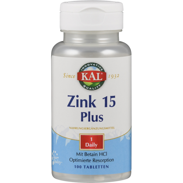 Produktfoto: Das Bild zeigt eine Plastikflasche mit einem weißen Schraubverschluss. Auf dem Etikett steht 'KAL Zink 15 Plus', ein Nahrungsergänzungsmittel. Die Flasche enthält 100 Tabletten und ist für den täglichen Gebrauch bestimmt. Das Etikett ist hauptsächlich weiß mit einem blauen Abschnitt am unteren Rand, auf dem steht, dass das Produkt Betain HCl für optimierte Resorption enthält. Das Logo 'KAL' ist prominent in der Mitte des Etiketts platziert.