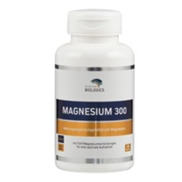 Produktfoto: Eine weiße Plastikflasche mit einem Etikett, das “Magnesium 300“ von American Biologics zeigt. Das Etikett ist blau und orange mit der Aufschrift “Nahrungsergänzungsmittel mit Magnesium“. Unten steht “VEGAN“ und “NON GMO“. Die Flasche enthält 90 Kapseln.