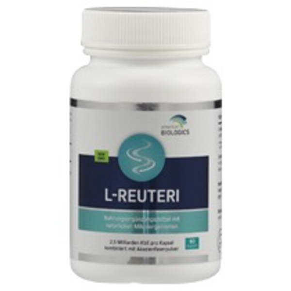Produktfoto: Das Bild zeigt eine weiße Plastikflasche von American Biologics mit einem blauen Etikett. Auf dem Etikett steht 'L-REUTERI', ein Nahrungsergänzungsmittel mit natürlichen Mikroorganismen. Die Flasche enthält 60 Kapseln.