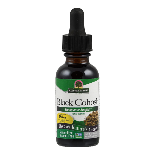 Produktfoto: Eine kleine, braune Flasche mit Pipettenverschluss. Das Etikett zeigt die Aufschrift 'Nature's Answer Black Cohosh Menopause Support'. Die Flasche enthält 950 mg Black Cohosh Root und ist gluten- und alkoholfrei.