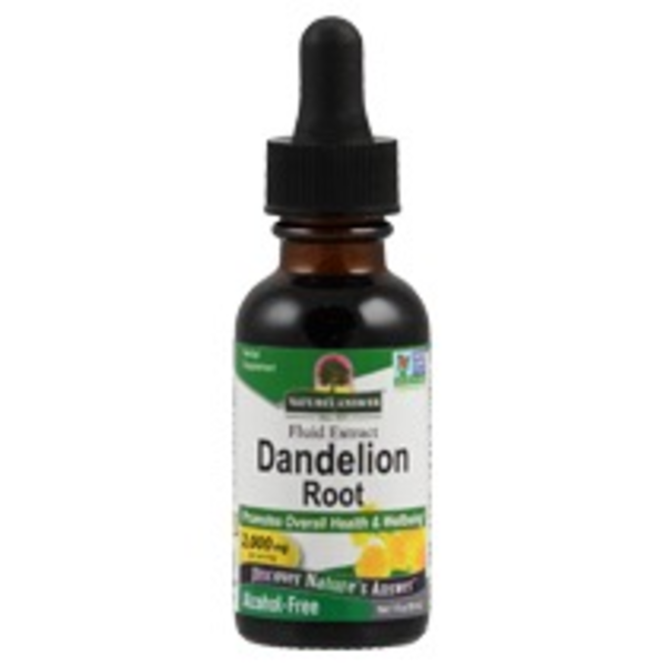 Produktfoto: Eine Flasche mit Pipette, die “Nature's Answer Dandelion Root Fluid Extract“ zeigt. Das Etikett ist grün und weiß, mit Informationen zu Inhalt und Nutzen. Die Flasche enthält 30 ml und ist alkoholfrei. Sie ist für die Förderung der Gesundheit und des Wohlbefindens gedacht.