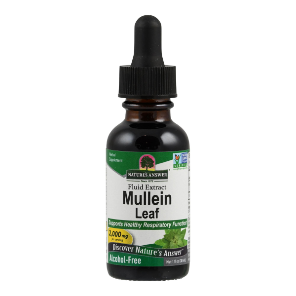 Produktfoto: Eine Flasche mit Tropfverschluss, die “Nature's Answer Mullein Leaf Fluid Extract“ zeigt. Das Etikett ist grün und weiß, mit Texten wie “Supports Healthy Respiratory Function“, “2,000 mg per serving“, “Alcohol-Free“ und “Non-GMO Verified“. Die Flasche ist dunkel und hat ein Volumen von 30 ml.