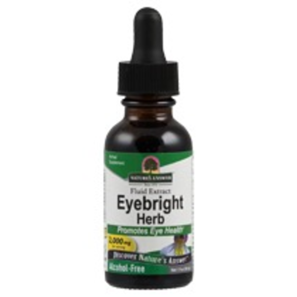 Produktfoto: Eine braune Glasflasche mit schwarzem Tropfverschluss, auf der “Eyebright Herb“ steht. Das Etikett ist grün und weiß mit Texten wie “Promotes Eye Health“ und “Alcohol-Free“. Die Flasche enthält 30 ml Flüssigkeit und ist von der Marke Nature's Answer.