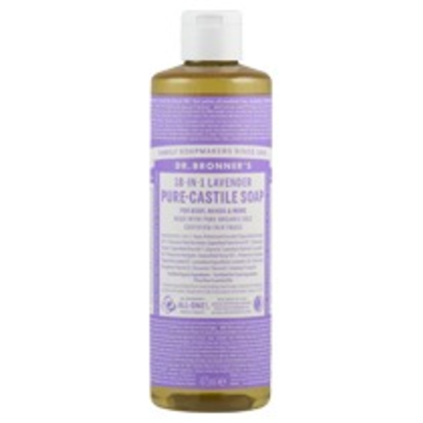 Produktfoto: Das Bild zeigt eine Flasche Dr. Bronner's 18-in-1 Lavendel Pure-Castile Seife. Die Flasche ist zylinderförmig und hat ein lila Etikett mit weißen und lila Texten. Die Seife ist für Körper, Hände und mehr geeignet und besteht aus zertifizierten Bio-Ölen. Sie ist fair gehandelt und vegan. Die Flasche hat einen weißen Verschluss und fasst 475 ml. Auf dem Etikett sind zahlreiche Informationen zu Inhaltsstoffen und Nutzungsmöglichkeiten abgedruckt.