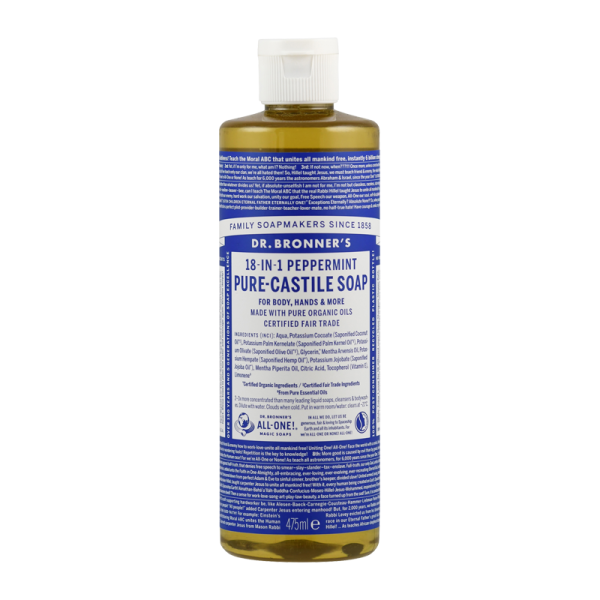 Produktfoto: Eine Flasche Dr. Bronner's 18-in-1 Pfefferminzseife. Die Flasche ist transparent mit einem blauen Etikett, das detaillierte Informationen über das Produkt enthält. Die Seife ist für den Körper, Hände und mehr geeignet und aus biologischen Ölen hergestellt. Das Etikett betont die Fair-Trade-Zertifizierung und die Vielseitigkeit des Produkts. Das Volumen beträgt 475 ml.