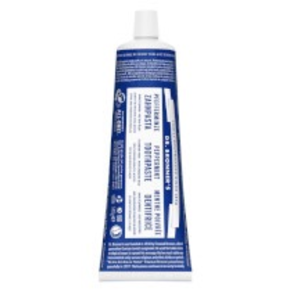 Produktfoto: Eine Tube Dr. Bronner's Pfefferminz Zahnpasta mit blauem Etikett. Die Tube ist aufrecht positioniert, zeigt die Inhaltsstoffe und das Logo. Der Hintergrund ist weiß.