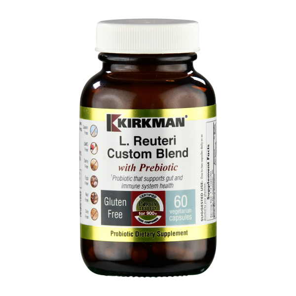 Produktfoto: Ein braunes Glasfläschchen mit weißem Deckel, auf dem “Kirkman L. Reuteri Custom Blend with Prebiotic“ steht. Es enthält 60 vegetarische Kapseln und ist glutenfrei. Es ist ein probiotisches Nahrungsergänzungsmittel.