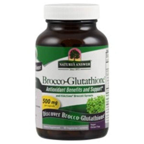 Produktfoto: Eine braune Plastikflasche mit weißem Deckel. Auf dem Etikett steht 'Brocco-Glutathione' von Nature's Answer, 500 mg pro Kapsel. Die Flasche enthält 60 vegetarische, glutenfreie Kapseln. Das Etikett zeigt auch Brokkolisprossen.