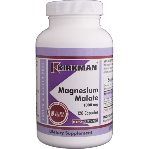 Produktfoto: Eine weiße Plastikflasche mit dem Etikett 'Kirkman Magnesium Malate 1000 mg 120 Capsules'. Die Flasche ist mit Informationen zu Inhaltsstoffen und Nährwerten bedruckt. Auf dem Etikett sind verschiedene Logos und Symbole zu sehen, darunter 'Ultra Tested' und 'Hypoallergenic'. Die Flasche ist für Nahrungsergänzungsmittel und auf Englisch beschriftet.