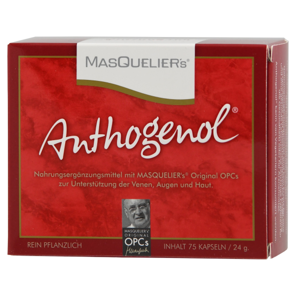 Produktfoto: Die Abbildung zeigt eine rote Verpackung des Nahrungsergänzungsmittels Anthogenol von Masquelier's. Auf der Vorderseite steht der Name des Produkts in weißer Schrift. Darunter befindet sich der Text 'Nahrungsergänzungsmittel mit MASQUELIER's Original OPCs zur Unterstützung der Venen, Augen und Haut'. Unten links steht 'Rein pflanzlich', und unten rechts 'Inhalt 75 Kapseln / 24 g'. In der Mitte unten ist ein Bild von Masquelier mit der Aufschrift 'MASQUELIER's ORIGINAL OPCs'.