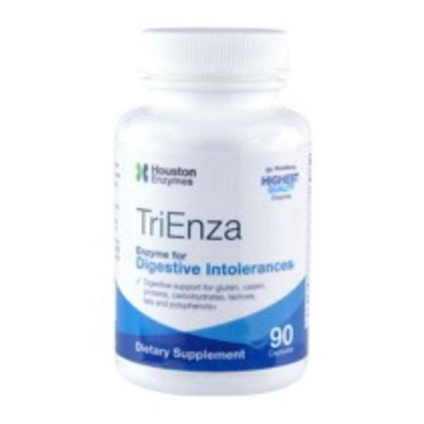 Produktfoto: Die Abbildung zeigt eine weiße Flasche des Nahrungsergänzungsmittels TriEnza von Houston Enzymes. Auf dem Etikett steht: “Enzyme for Digestive Intolerances“ und “90 Capsules“. Die Flasche hat einen weißen Schraubverschluss und das Etikett ist in Blau und Grün gehalten.