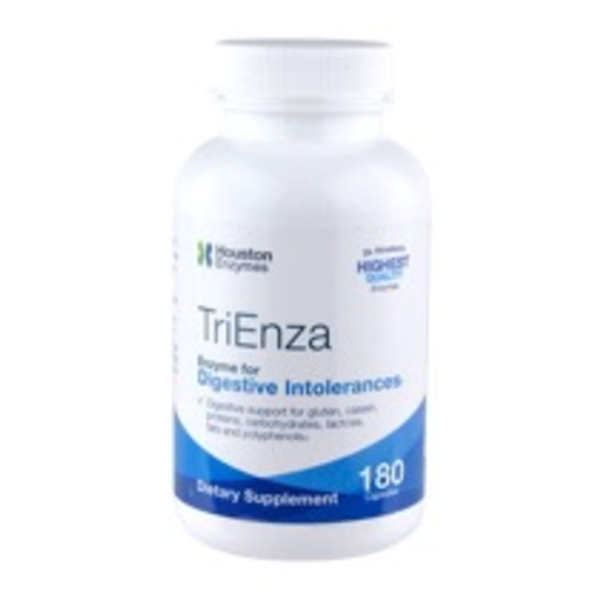 Produktfoto: Die Abbildung zeigt eine weiße Plastikflasche mit dem Aufdruck 'TriEnza', einem Enzympräparat von Houston Enzymes zur Unterstützung bei Verdauungsintoleranzen. Die Flasche enthält 180 Kapseln und ist für die Unterstützung bei Gluten-, Kasein-, Protein-, Kohlenhydrat-, Laktose-, Fett- und Polyphenolverdauung gedacht. Auf der Flasche sind die Wörter 'Dr. Houston's Highest Quality Enzymes' und 'Dietary Supplement' zu sehen.