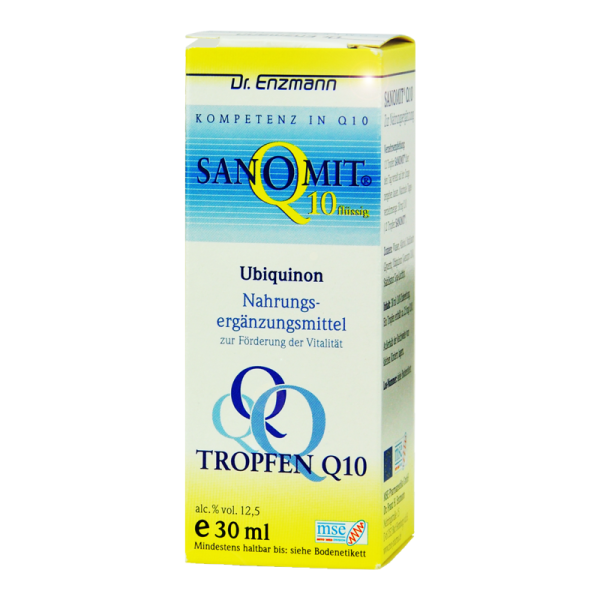 Produktfoto: Eine Verpackung von Sanomit Q10 flüssig, einem Nahrungsergänzungsmittel mit Ubiquinon zur Förderung der Vitalität. Die Verpackung ist gelb und blau mit dem Aufdruck 'Kompetenz in Q10'.