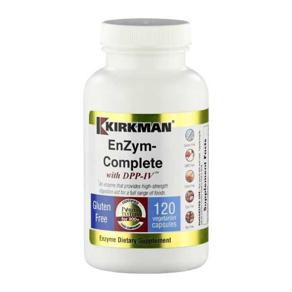 Produktfoto: Eine weiße Flasche mit dem Aufdruck 'Kirkman EnZym-Complete mit DPP-IV'. Die Flasche enthält 120 vegetarische Kapseln. Auf der Flasche sind verschiedene Symbole, die anzeigen, dass das Produkt glutenfrei, kaseinfrei, GMO-frei, milchfrei, eifrei und nussfrei ist. Der Text 'Certified Purity Tested for 900+ Toxic Compounds' ist ebenfalls sichtbar.