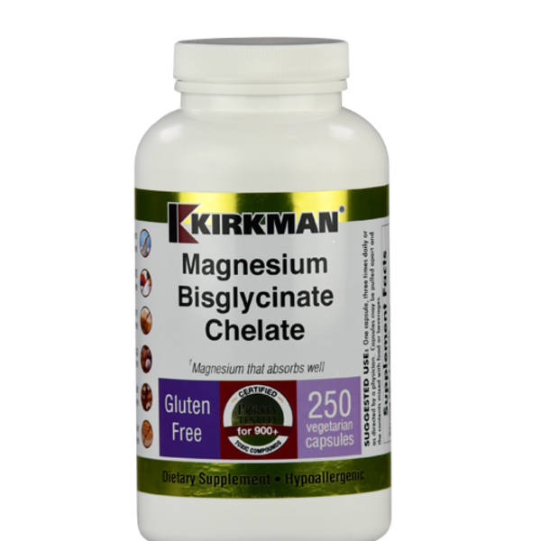 Produktfoto: Eine weiße Plastikflasche mit einem Etikett der Marke Kirkman. Auf dem Etikett steht “Magnesium Bisglycinate Chelate“. Die Flasche enthält 250 vegetarische Kapseln und ist glutenfrei. Auf dem Etikett sind Symbole für glutenfrei, zertifiziert für Reinheit und hypoallergen abgebildet. Die Flasche steht aufrecht vor einem weißen Hintergrund.