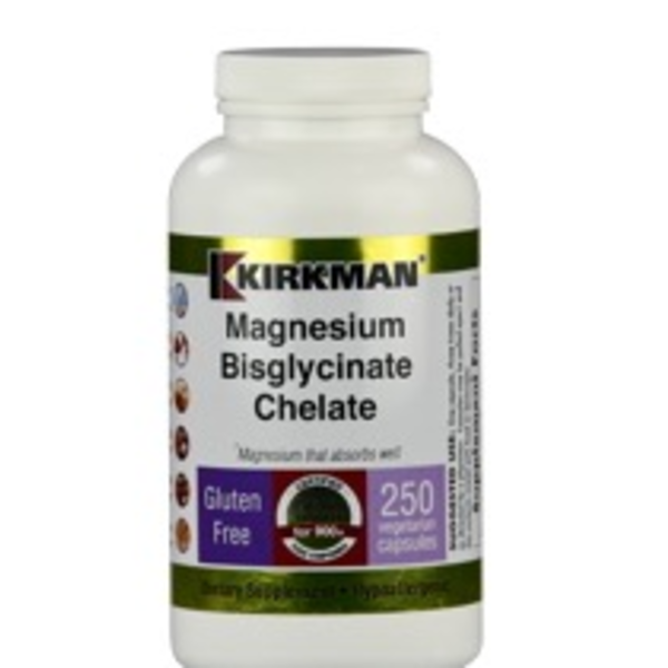 Produktfoto: Eine weiße Plastikflasche mit einem Etikett der Marke Kirkman. Auf dem Etikett steht “Magnesium Bisglycinate Chelate“. Die Flasche enthält 250 vegetarische Kapseln und ist glutenfrei. Auf dem Etikett sind Symbole für glutenfrei, zertifiziert für Reinheit und hypoallergen abgebildet. Die Flasche steht aufrecht vor einem weißen Hintergrund.